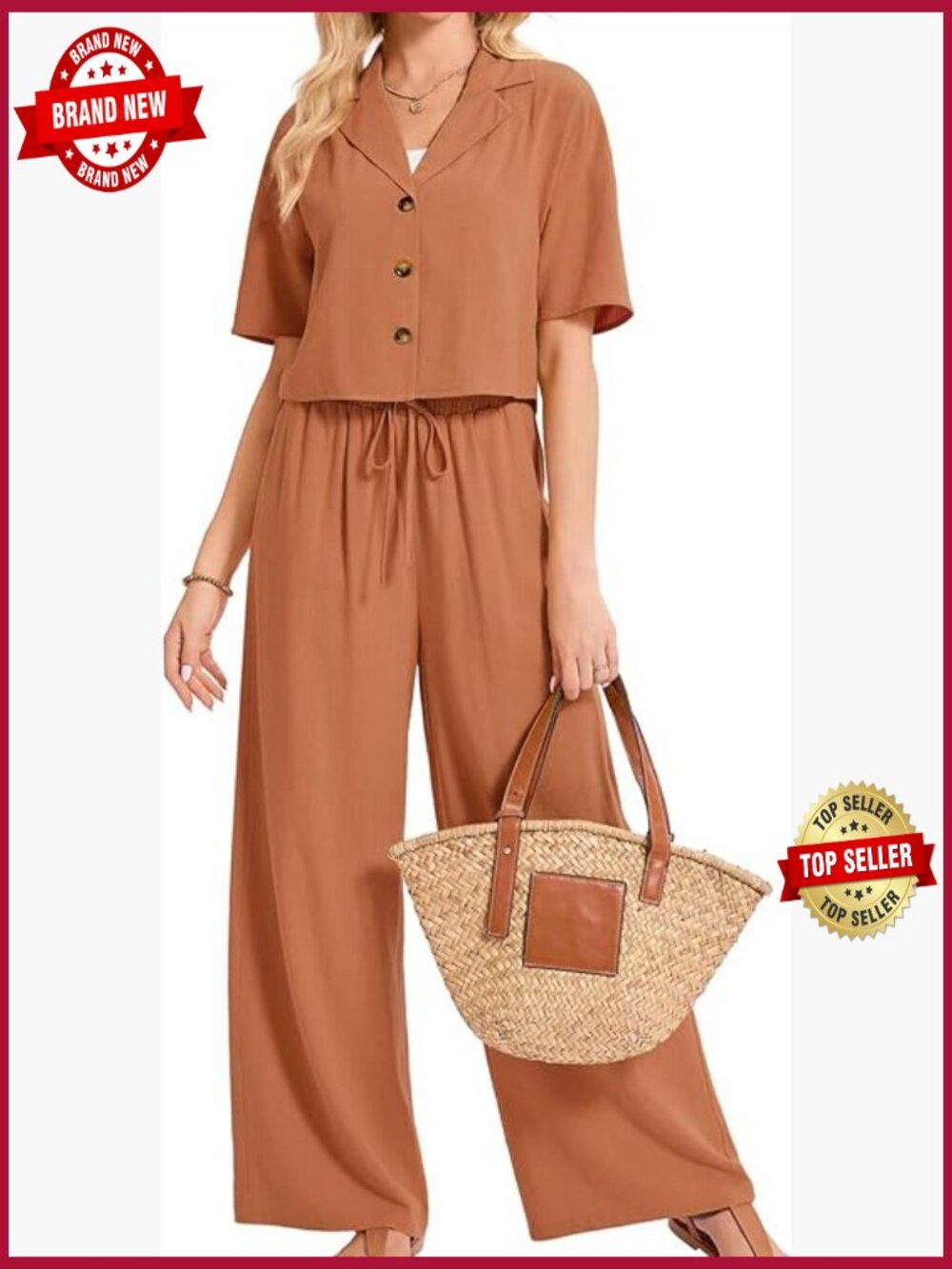 Women's Linen 2 Piece Set: Short Sleeve Button Down Shirt & Wide Leg Pants